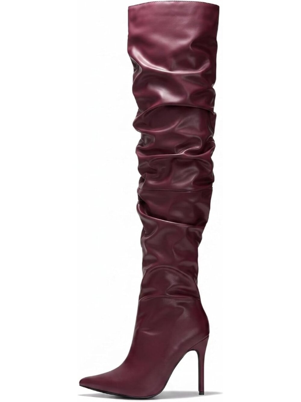 Women Burgundy Pointed Toe Thigh High Stiletto Heels Slouchy Over-the-Knee Boot